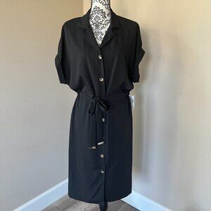 Roz & Ali Short Sleeve Tie Waist Button Front Shirt Dress - Black - Size 16